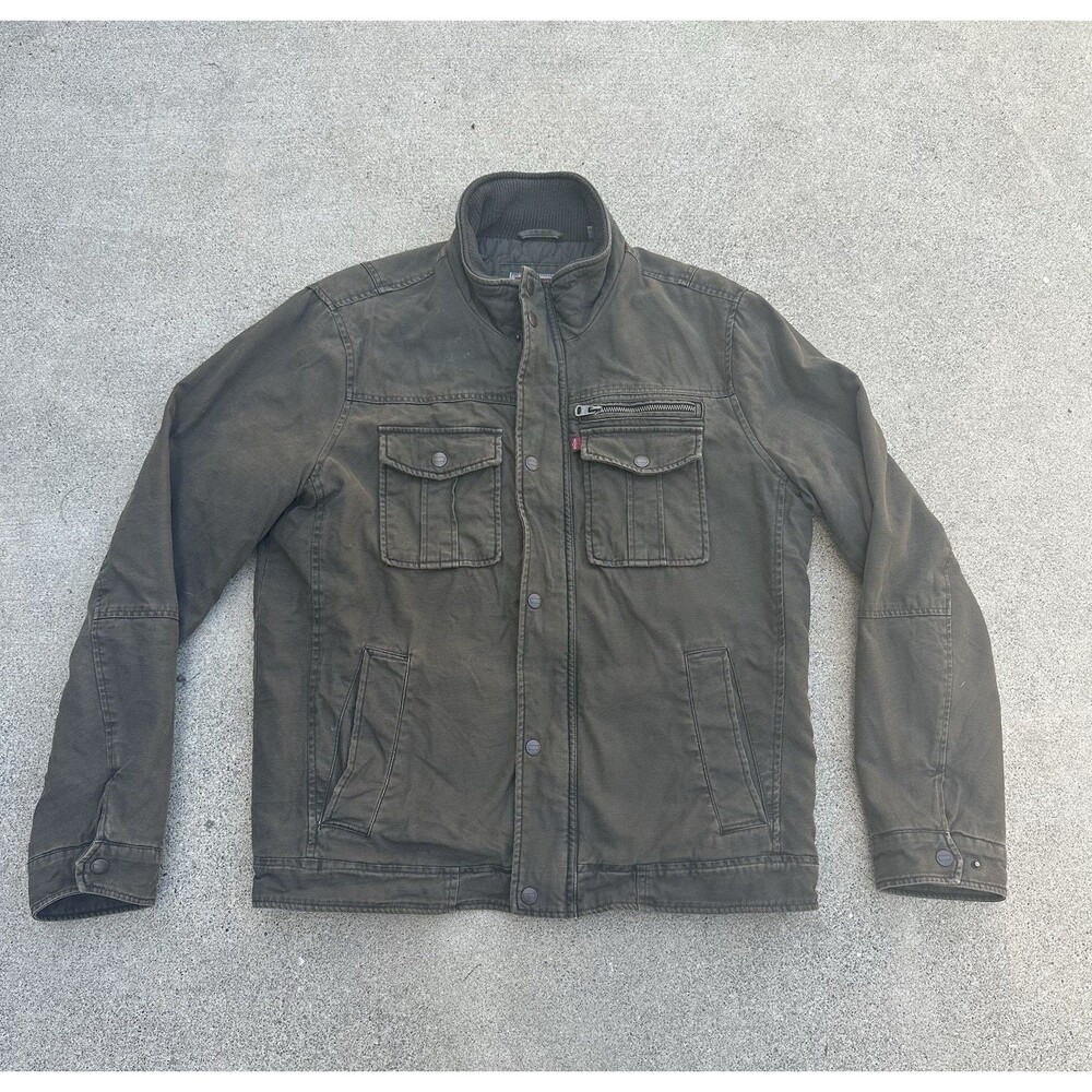 Levis Mens Canvas Military Jacket Full Zip Utility Field Green Denim Coat Size M